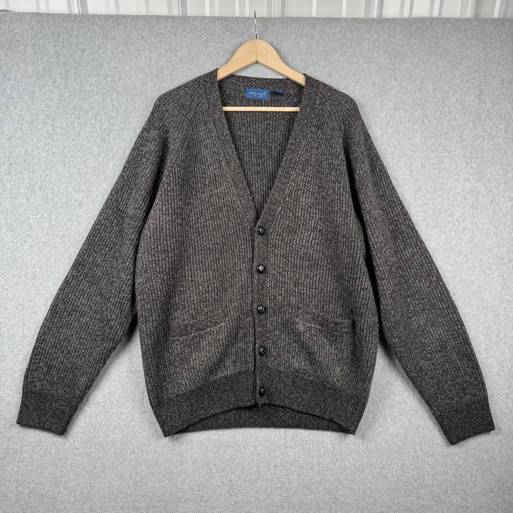 Towncraft Cardigan Sweater Mens Large Gray Grandpa Ribbed Knit V-Neck Button Up